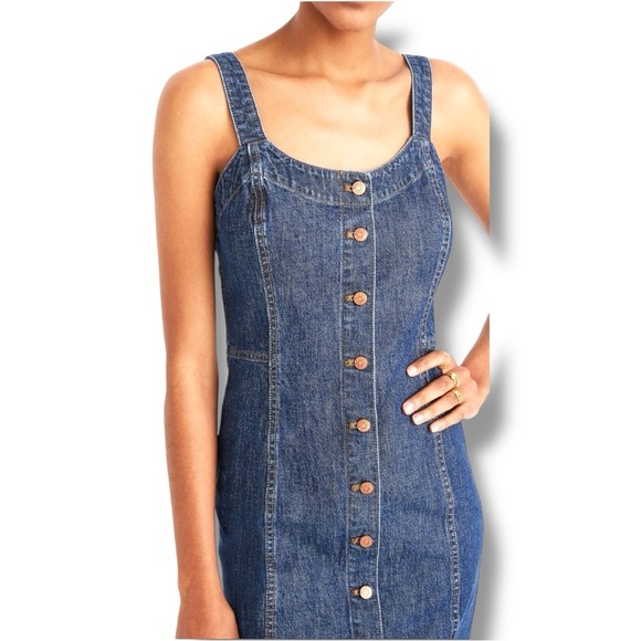 Madewell Dark Indigo Denim Shank Button-Front Tank Dress Sleeveless Midi Dress - Picture 3 of 16